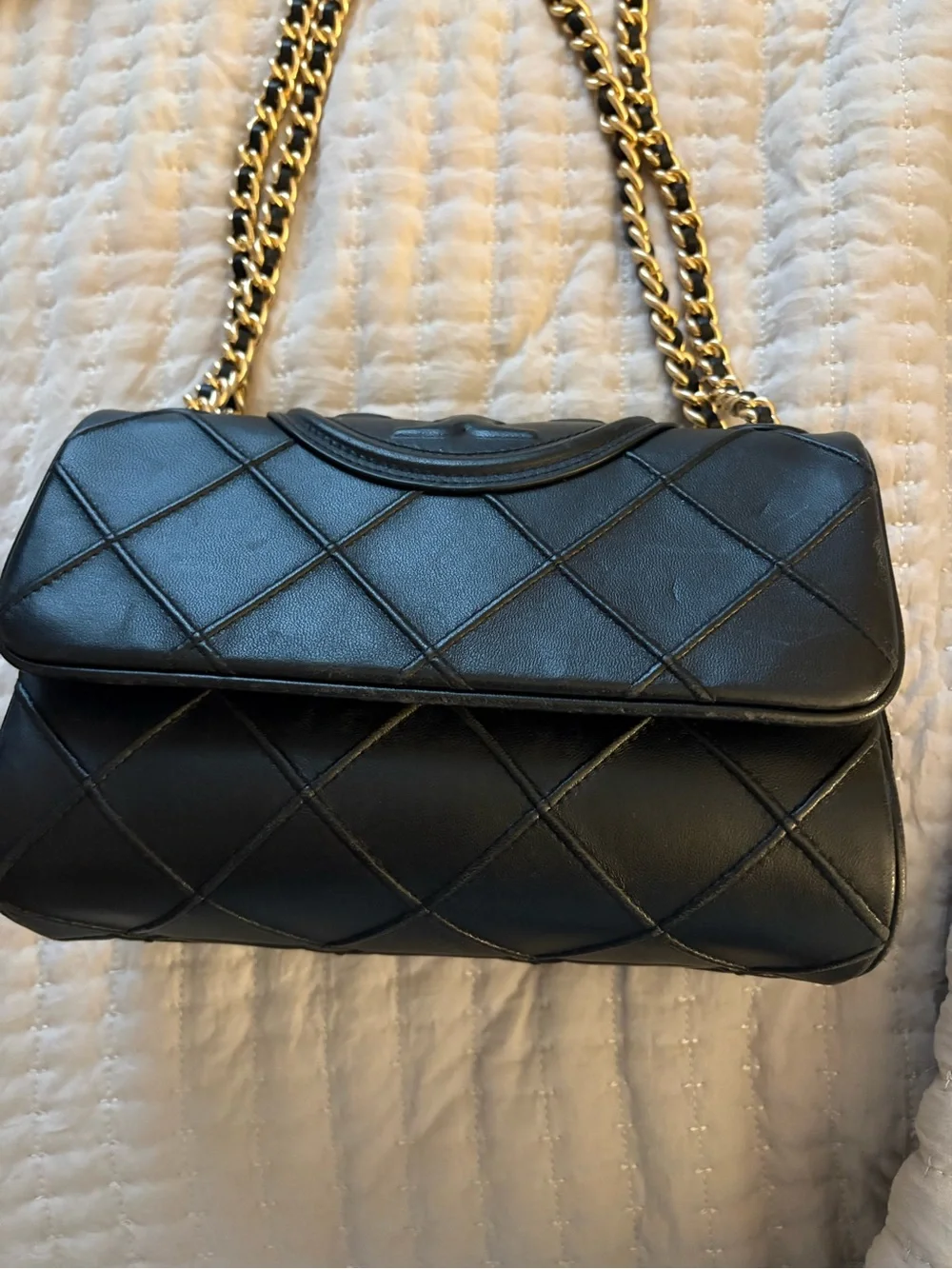 Tory Burch Black Quilted Leather Shoulder Bag with Gold Chain